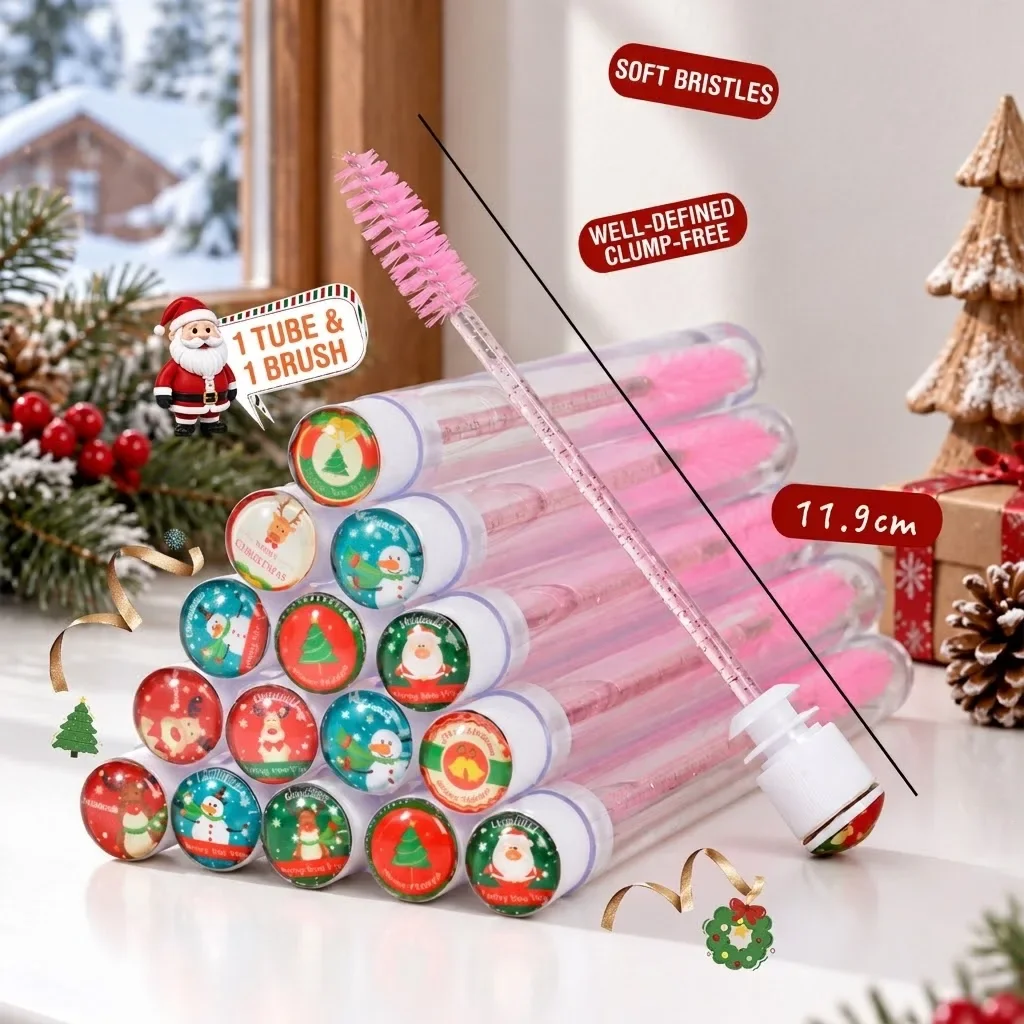 10pcs Cute Christmas Cat Eye Mascara Wands in Tube, Women Eyelash Brushes Spoolies for Lash Extensions, Holiday Makeup Tools