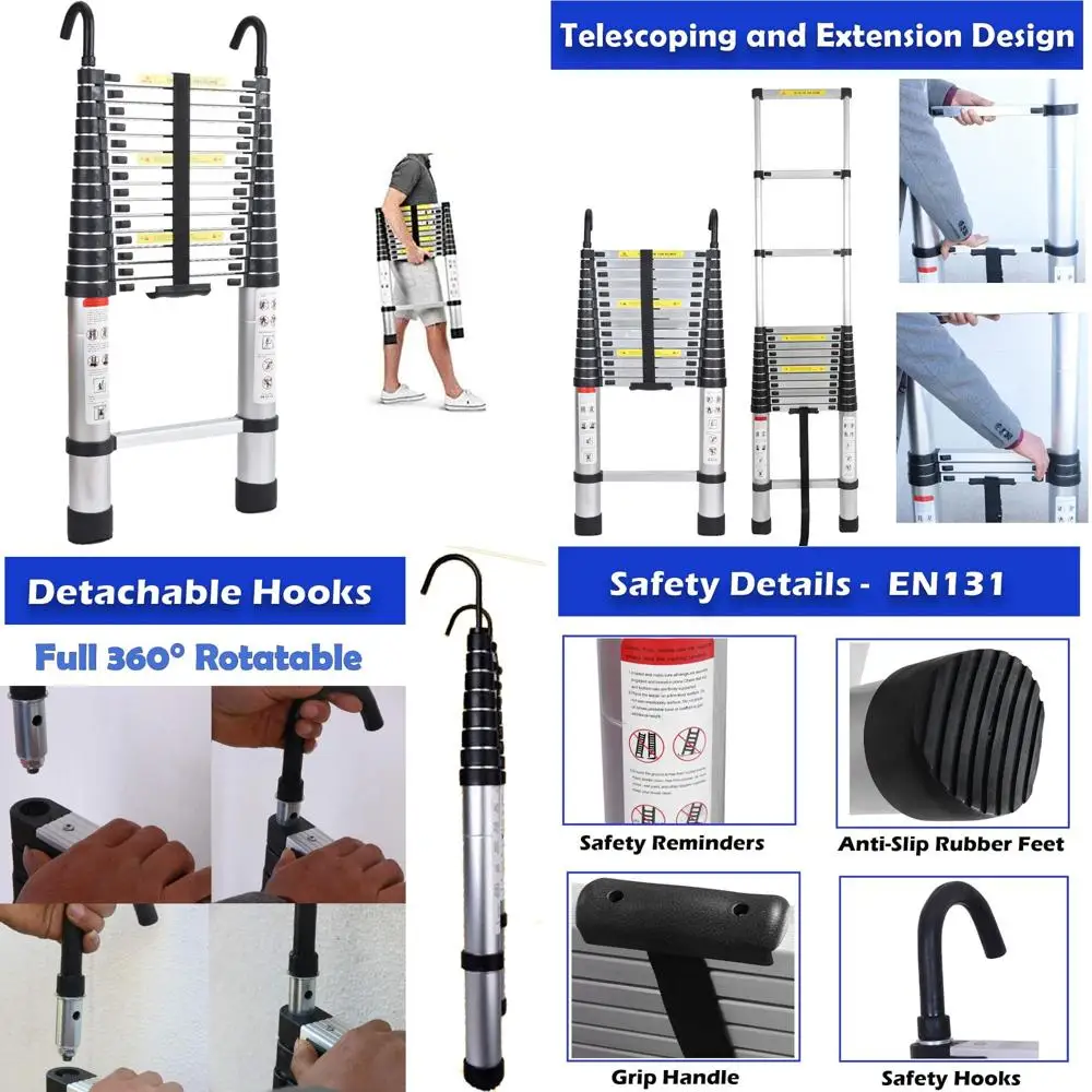 บันไดอลูมิเนียมยืดหดได้ 14.5 ฟุต แบบ DIY พร้อมฐานยางกันลื่น สำหรับใช้ในบ้านและงานช่าง ภายในและภายนอกอาคาร ปรับความสูงได้ 15 ขั้น