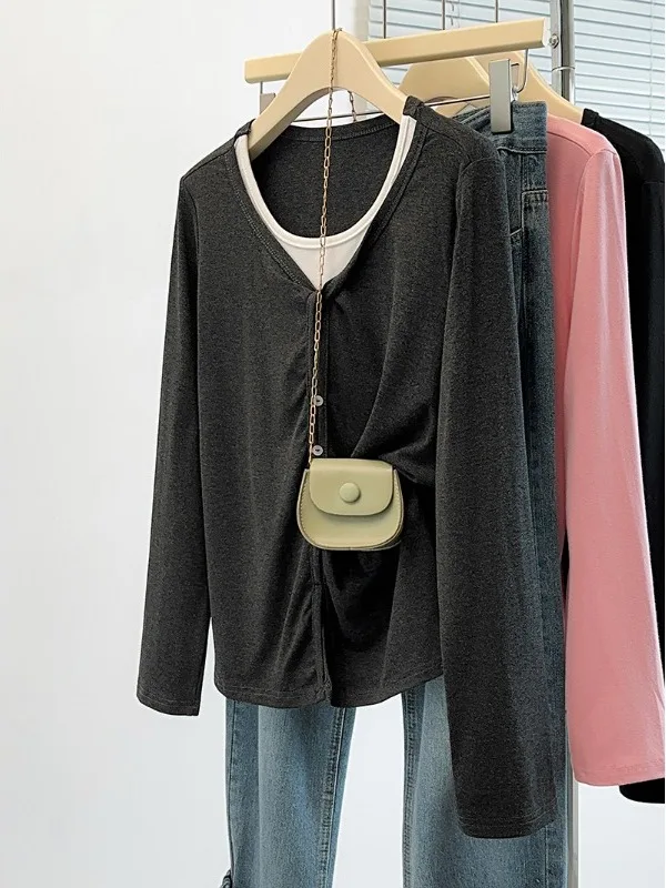 

Spring Fashion plus Size Women's Loose Casual Long Sleeve round Neck Top Color Block Casual Wear Universal Fit T-Shirt