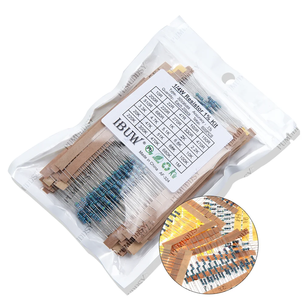 300PCS/Set 30 Kinds 1/4W 1/2W 1W 2W 3W Resistance 1% Metal Film Resistor Pack Assorted Kit 0.1R-750R 1K-820K Resistor 150PCS/Set