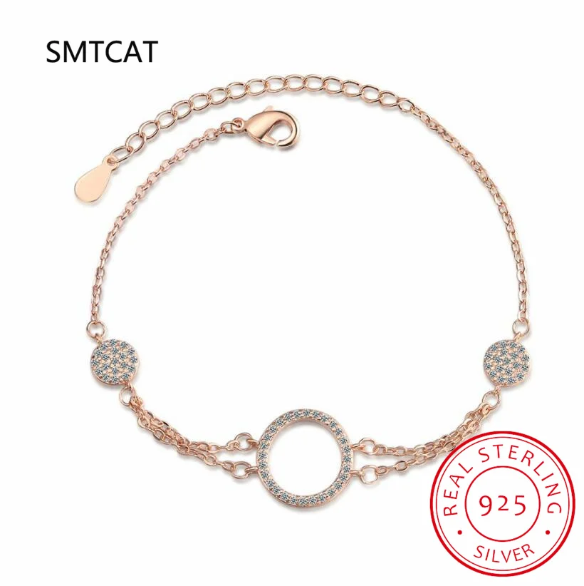 Real 925 Sterling Silver Hollow Round Zircon Double Layer Chain Bracelet for Women Hiphop Fine Jewelry Minimalist Accessories
