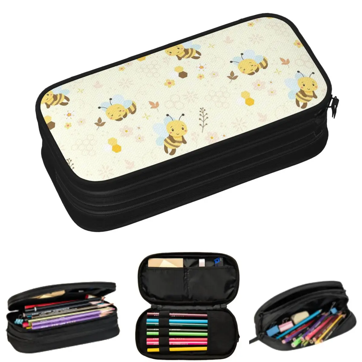 

Bee Honeycomb Cute Cartoon Bee Pencil Cases for Student School Pen Box Pencil Bag Large Storage Pencil Pouch