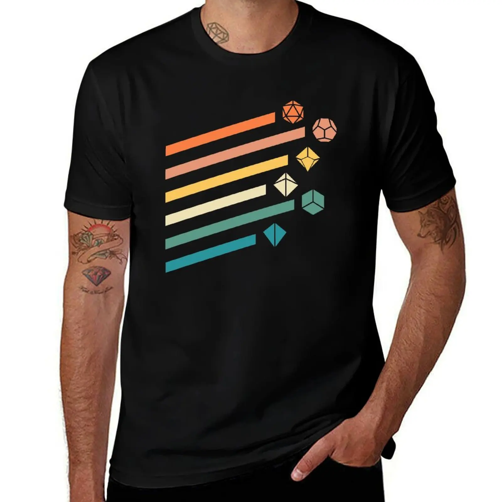 Retro Rainbow Polyhedral Dice Set Colors Tabletop RPG T-Shirt Vintage Print Crew Neck Tee T-Shirt