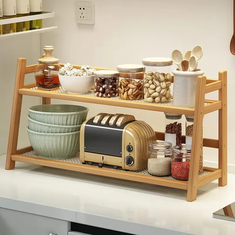 2-stöckiges Gewürzregal aus Bambus, Küchenaufbewahrungsregal, Desktop-Organizer, Präsentationsregal, Kaffeebar-Thekenregal, Tassenhalter
