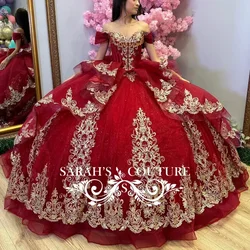 ANGELSBRIDEP Red Quinceanera Dress With Gold Lace Applique Beaded Crystal Tull Lace Up Sweet 16 Vestido De 15 Anos Customized