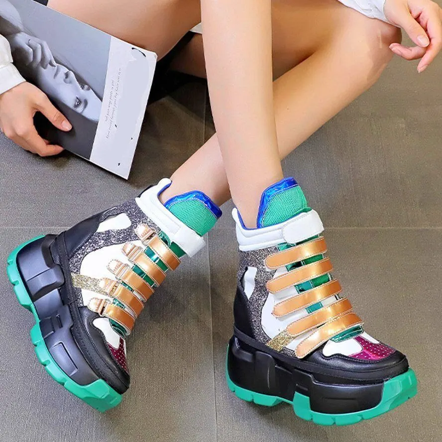 

Glitter Fashion Sneakers Women Genuine Leather Wedges High Heel Ankle Boots Female Round Toe Platform Creepers Casual Shoes