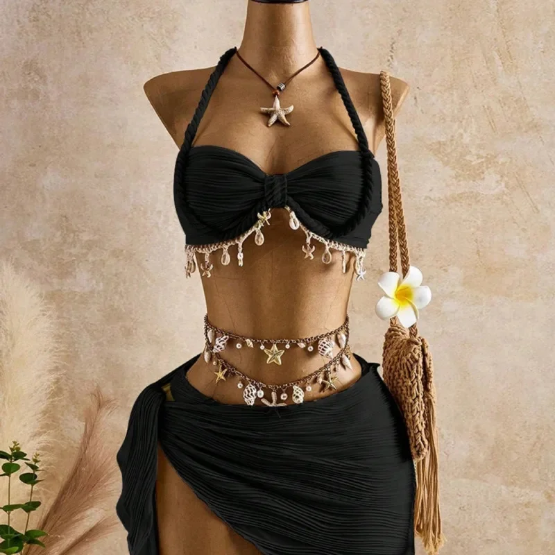 3pcs Bikini Set Women Push Up Swimsuit Brown Halter Swimwear Cover Up Skirt Brazilian Beachwear Bathing Suit Summer