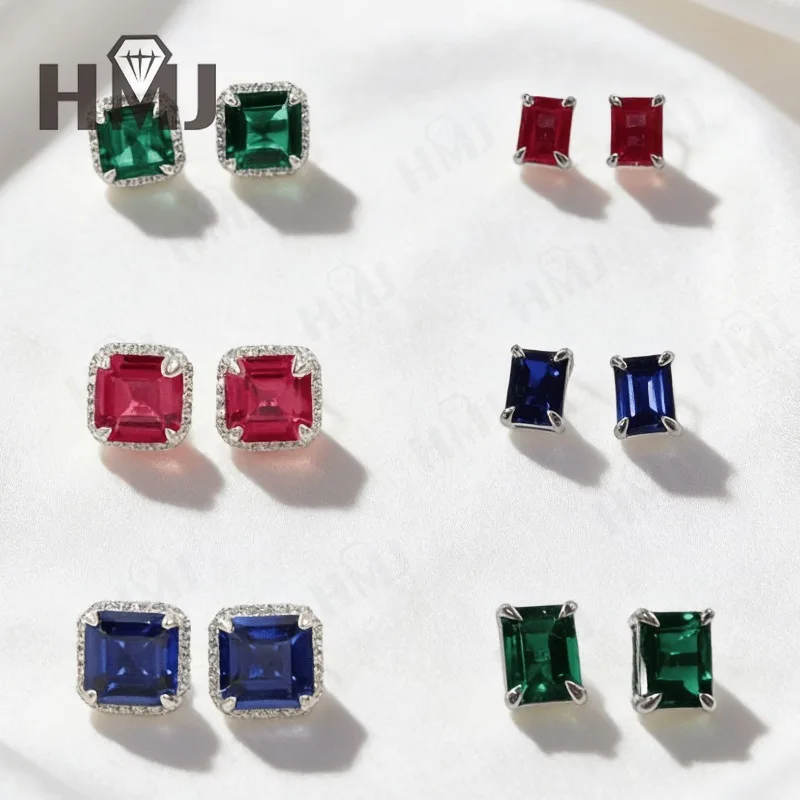 실험실에서 재배한 보석 귀걸이 에메랄드컷/아셔컷 루비/사파이어/콜롬비아산 925 스털링 실버 귀걸이 크리스마스 파티 선물