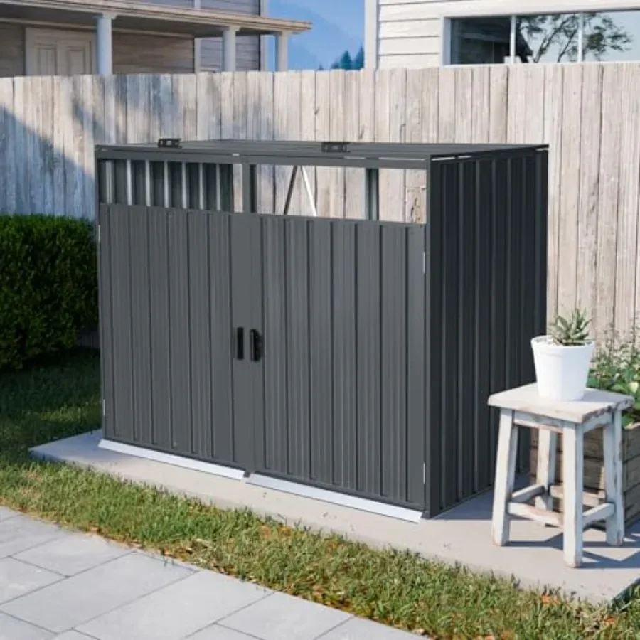 Outdoor garbage bin storage shed for 2 trash cans: galvanized steel, gray, weatherproof and lockable doors