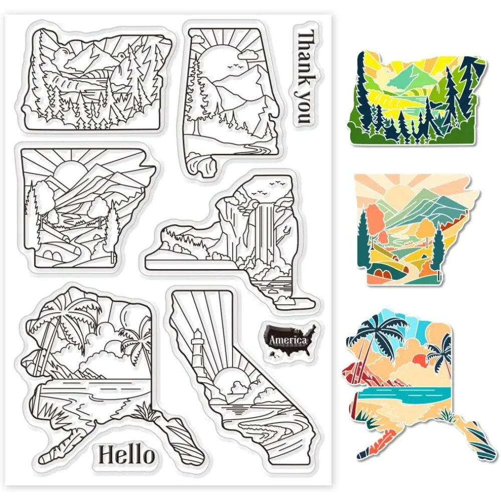 Natural Scenery Clear Stamps for Cards Making United States Map Silicone Clear Stamp Seals Transparent Stamps for DIY Scrapbook