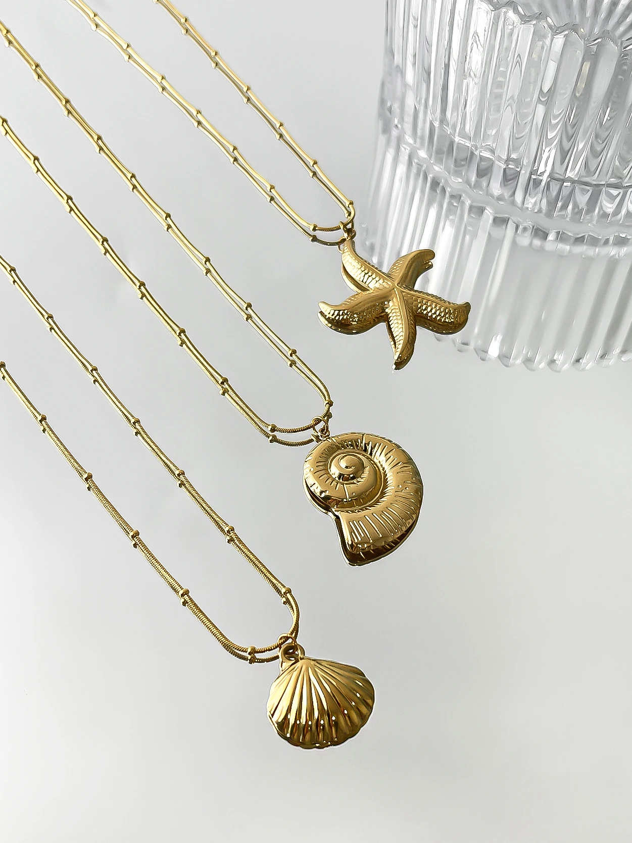 Peri\'sbox Minimalist Starfish Stripe Conch Scallop Shaped Pendant Necklace for Women Waterproof Trend Jewelry Summer Beach Party