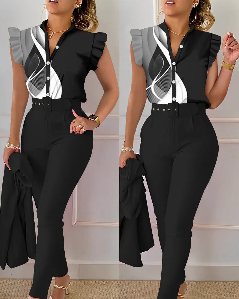 2025 Fashion 2 Piece Women\'s Flower Print Top Shirt Pants Suit Sexy Casual Belt Trousers Elegant Clothing Office Lady Outfits