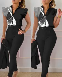 2025 Fashion 2 Piece Women's Flower Print Top Shirt Pants Suit Sexy Casual Belt Trousers Elegant Clothing Office Lady Outfits