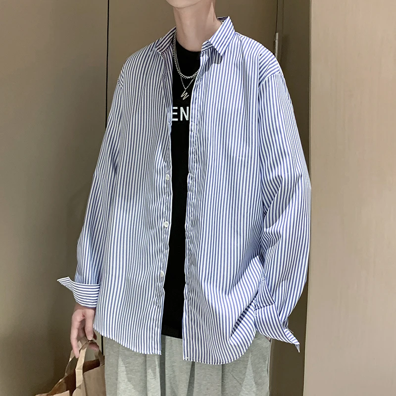 

Loose Striped Long Sleeve Shirt Unisex Japanese Style Vertical Stripe Couple's Shirt Spring Fashion Youth Button De...