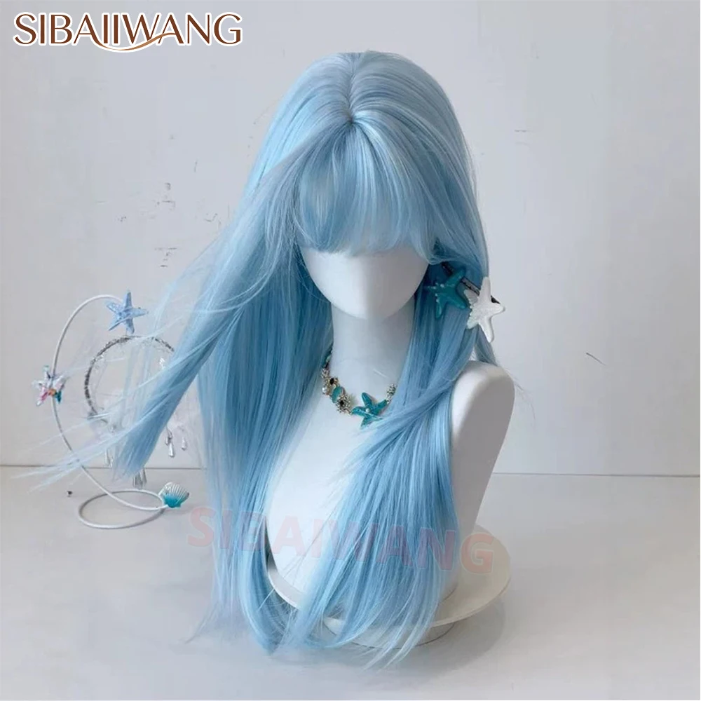 Synthetic Straight Wigs Long Heat Resistant Blue Wig with Bangs for Women Halloween Christmas New Year Carnival Music Festival