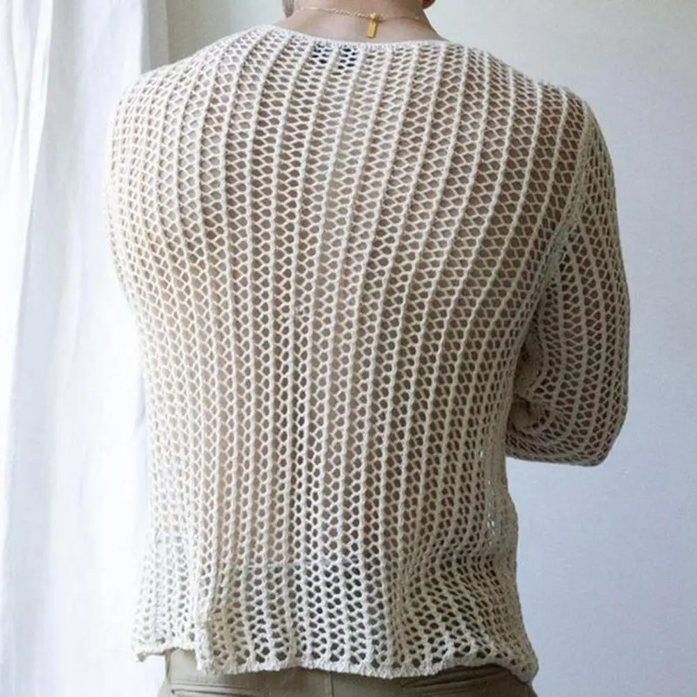 Sexy Dress Up Men Sweatshirts Mesh Top See Through Hollow-out Bottoming Shirt Knitted Mesh Top Male Sweatshirts Summer