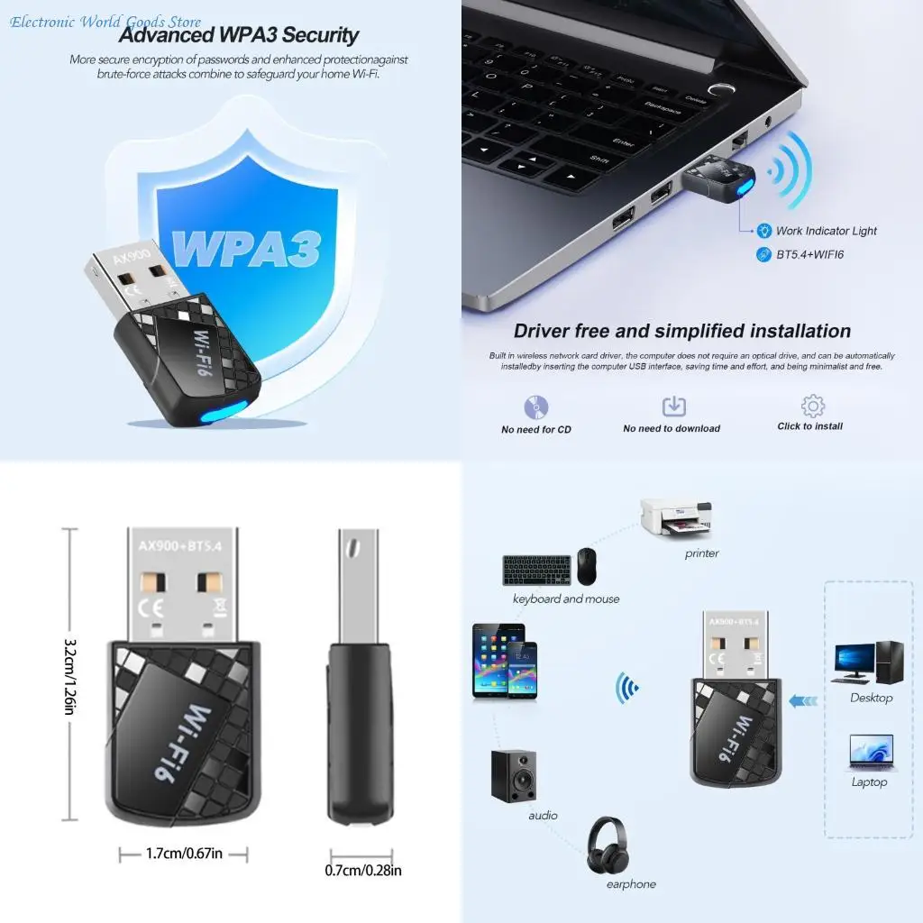 

A3PD Bluetooth-compatible 5.4 AX900 WiFi 6 USB WiFi Adapter Wireless Networking Card