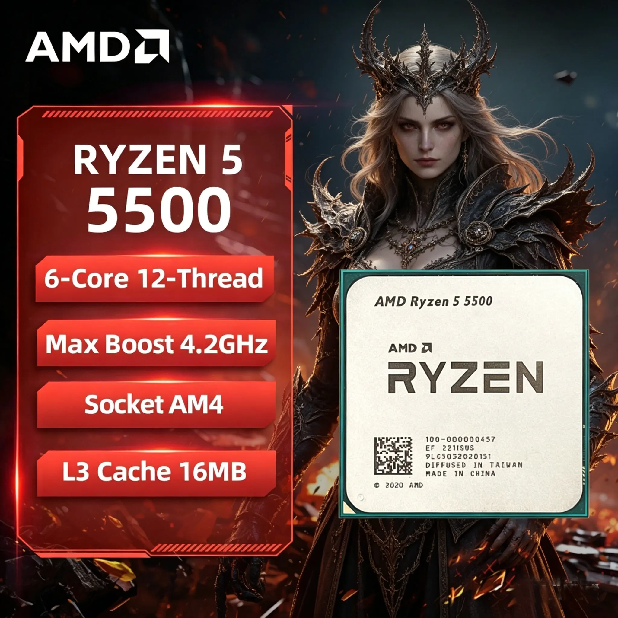 AMD Ryzen 5 5500 R5 5500 6 Core 12 Thread 3.6GHz 4.2GHz AM4 65W Desktop Gaming CPU Performance Gaming Desktop Processor No Coole