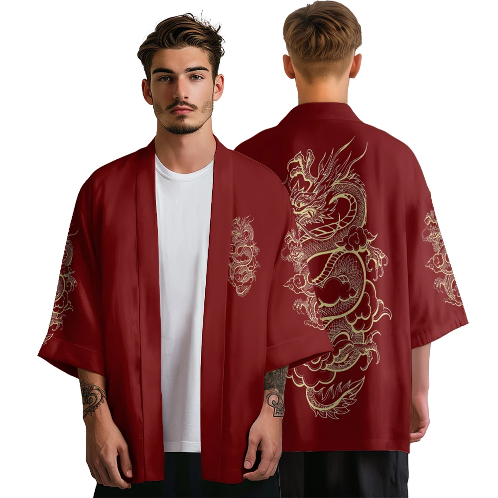 

Summer Kimono Men Hawaiian Shirt Beach Cardigan Lucky Dragon Kimono Women Yukata Japanese Clothes Fashion Bathrobes Haori