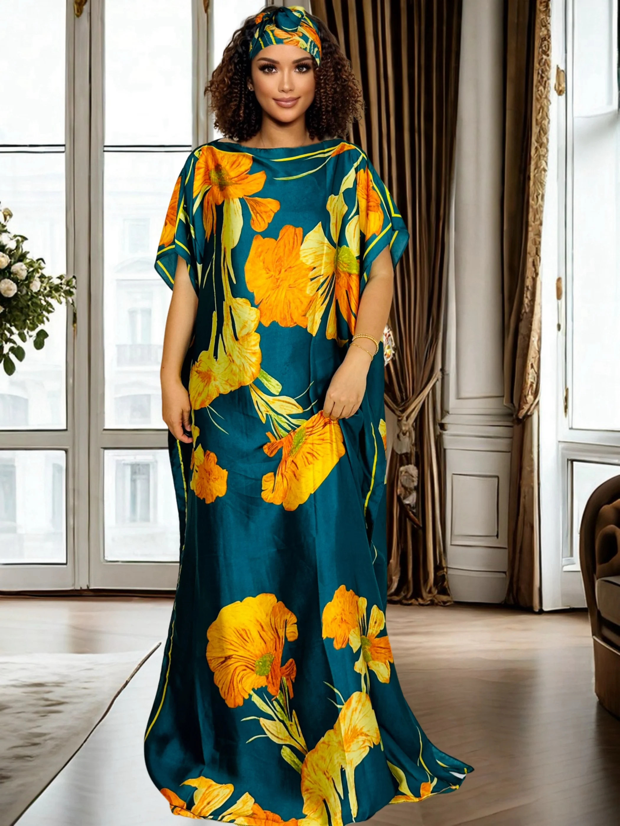 

Vibrant Floral Print Middle Eastern Kaftan Long Loose Fit Maxi Dress for Women Bohemian Style Casual Comfortable Gown