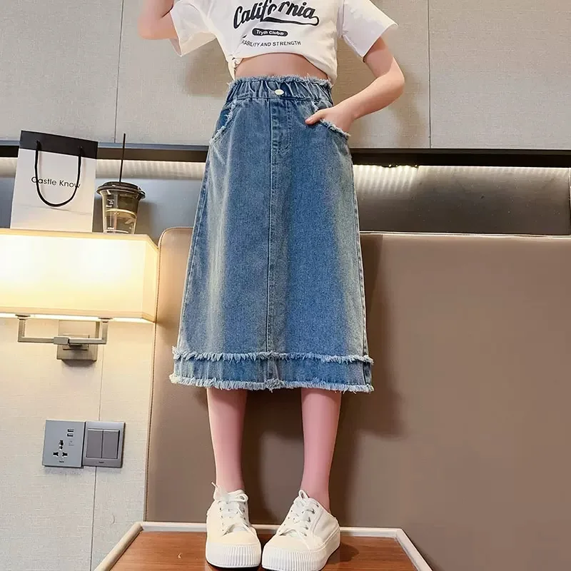 

2024 Retro Summer High-waist Chlid Girls Denim Shorts Jeans long skirt Children'S Wear Teenager Thin knee uncut dress Straight