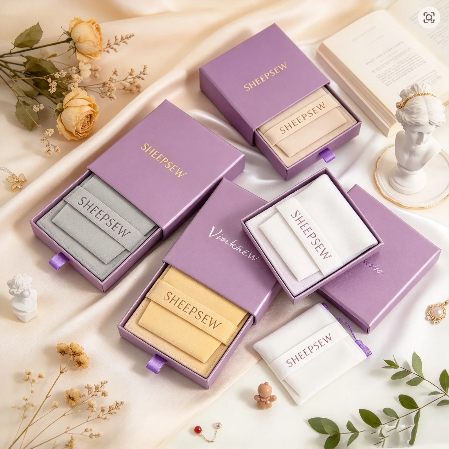 SHEEPSEW Personalized Jewelry Drawer Box with Sponge & Microfiber Flap Bag, Exquisite Paper Gift Packaging Case for Necklace Rin