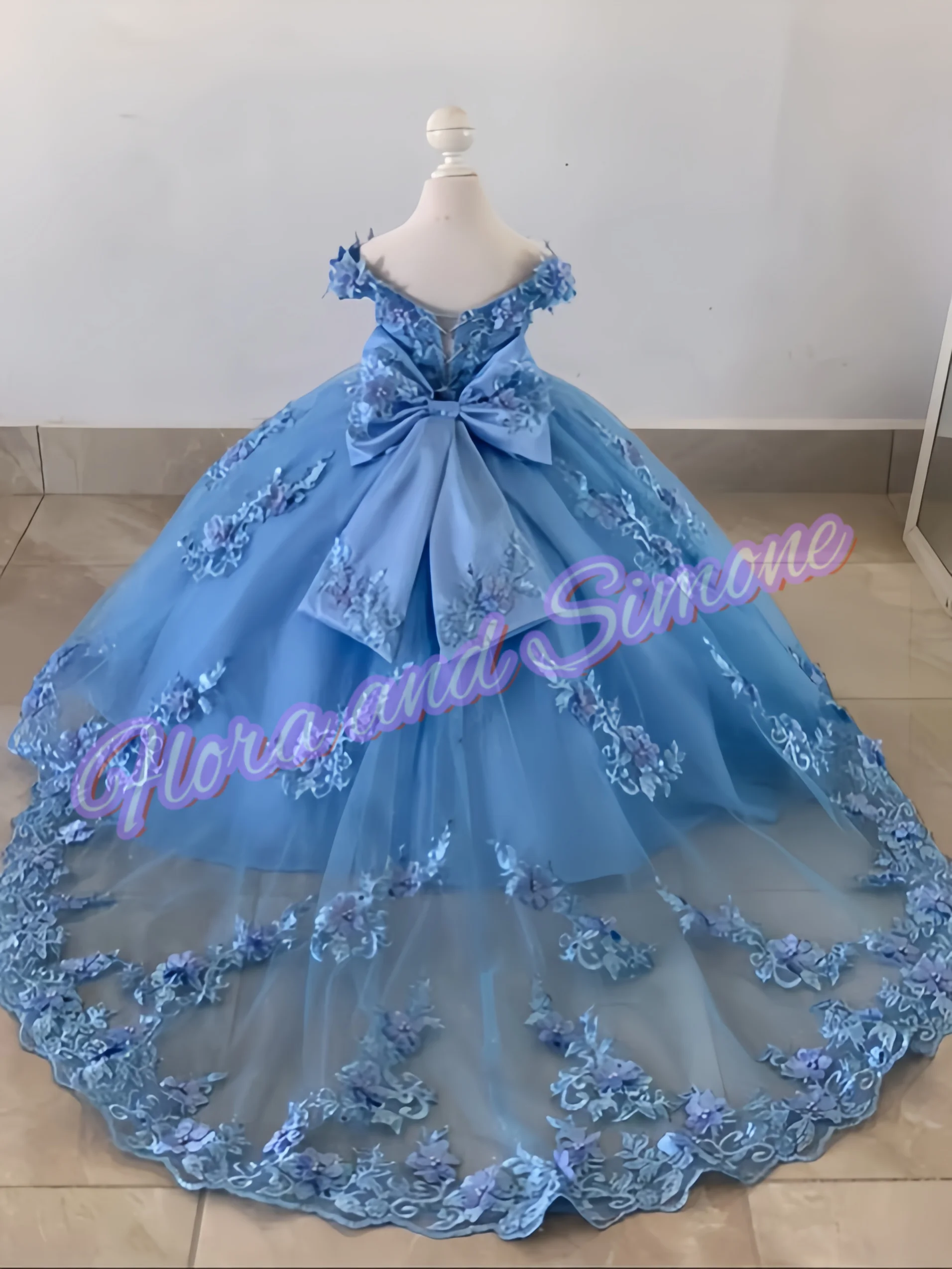 Customized Blue 3D Floral Beading Embroidery Little Princess Flower Girl Dress for Formal Receptions Holiday Celebrations