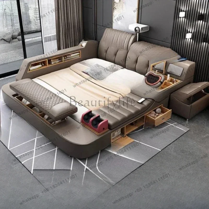 LJY King Size Multifonction Double Bed Luxury High End Wood Modular Double Bed Frame Space Saving Cama Matrimonial Bedroom Furni