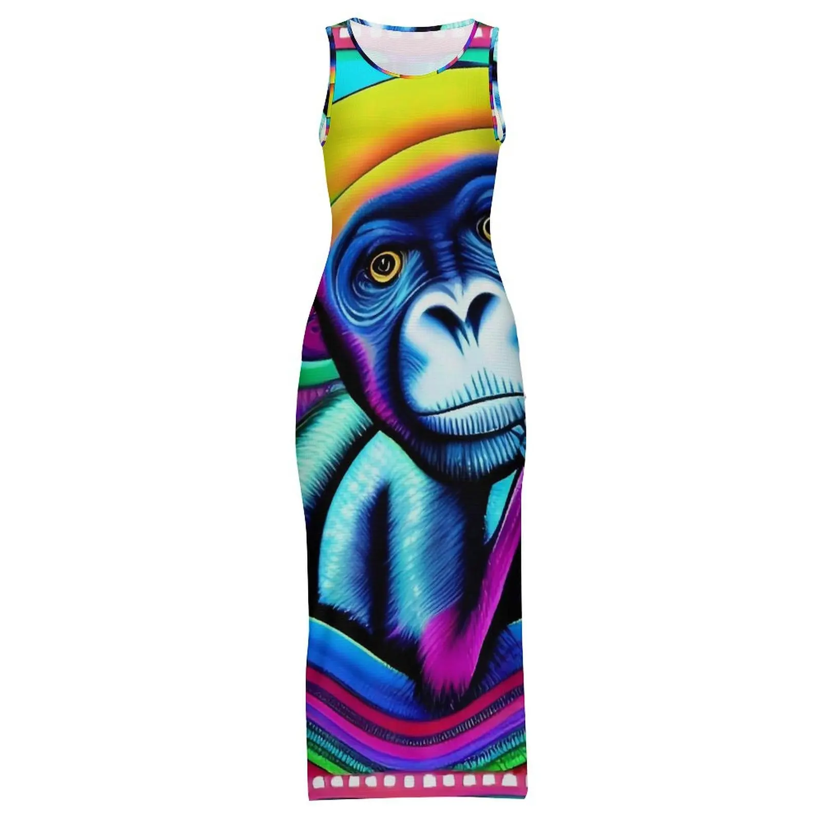Zabawna sukienka z małpą, bez rękawów, uroczy nadruk zwierzęcy, elegancka sukienka maxi, wiosenny styl uliczny, graficzna sukienka bodycon, rozmiary 2XL 3XL 4XL