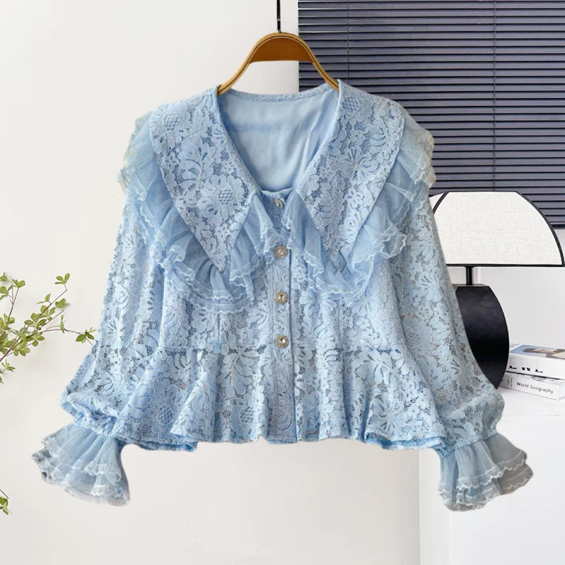 

New,Summer,Korean,Style,Blouse,Chic,Sexy,Doll collar,Patchwork,Lace,Single-breasted,Women,Long Sleeve,Shirt,Casual,Tops,57401
