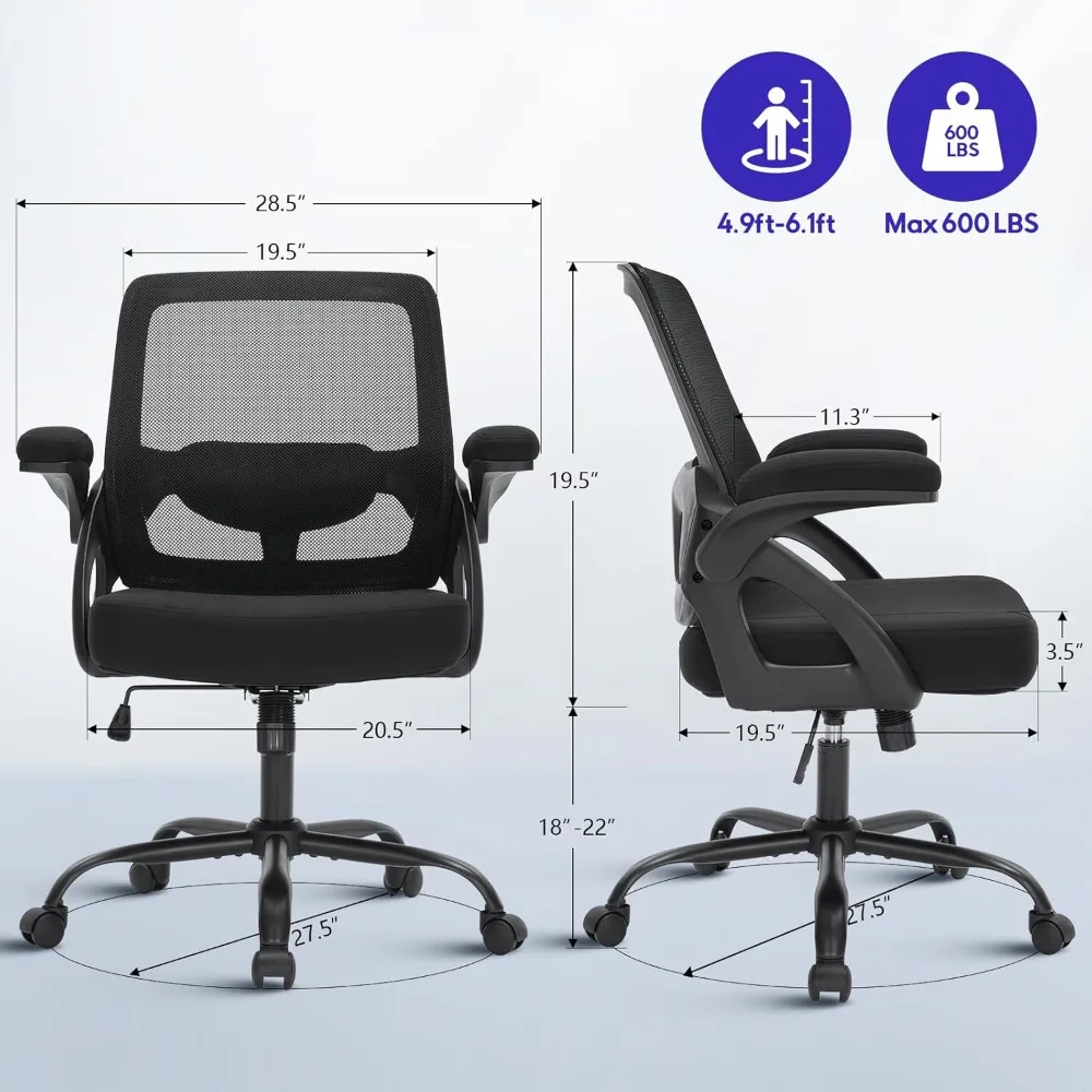 600lbs Heavy Duty Rocking Chair with Flip-up Arms Computer Mesh Desk Chair Extra Wide Seat,E，Big and Tall Ergonomic Office Chair