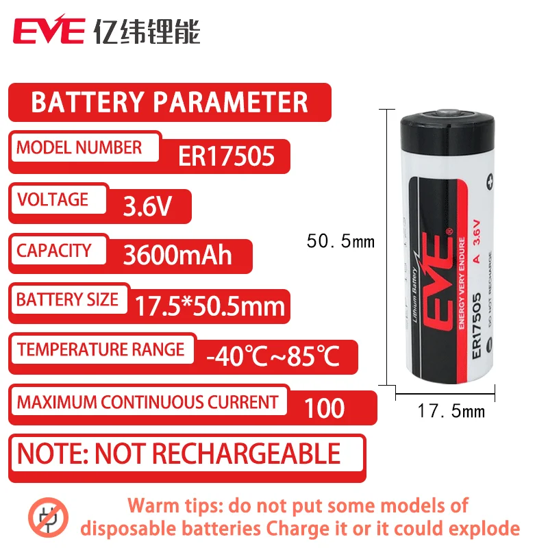 EVE ER17505 3.6V Not-Rechargeable Lithium Battery For Gas Water Meters PLC Industrial Control Servo Automated LoT Devices