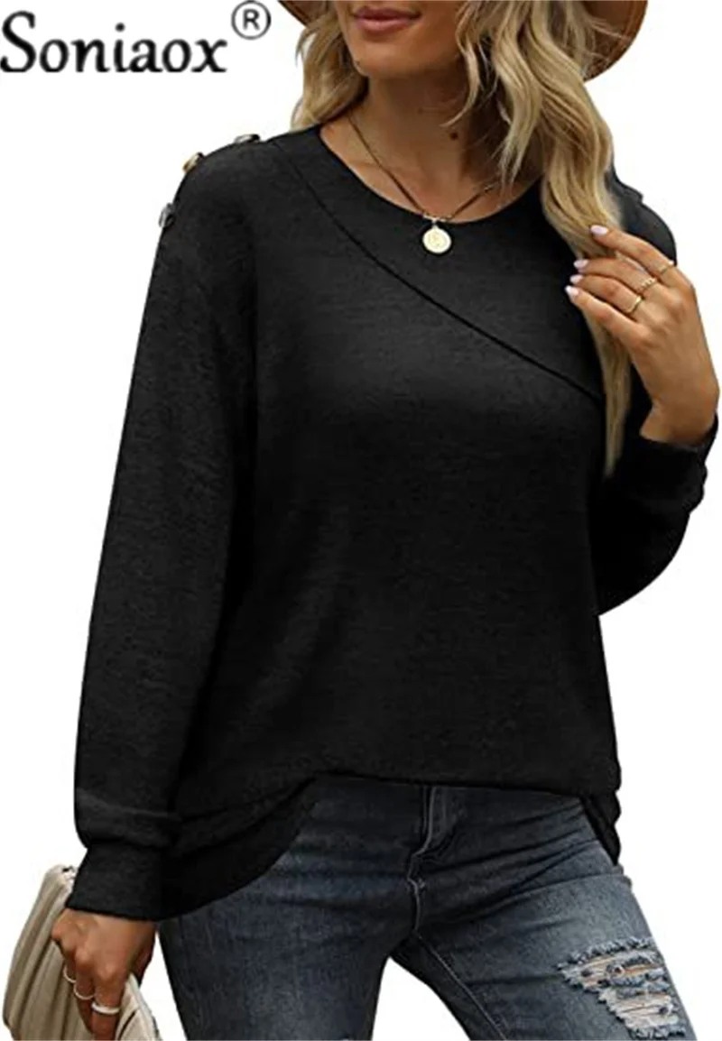 Cashmere Double-layered O Neck Button Sweatshirts Fashion Autumn Pullovers Long Sleeves Women Tops Solid Hoodie Female Clothing