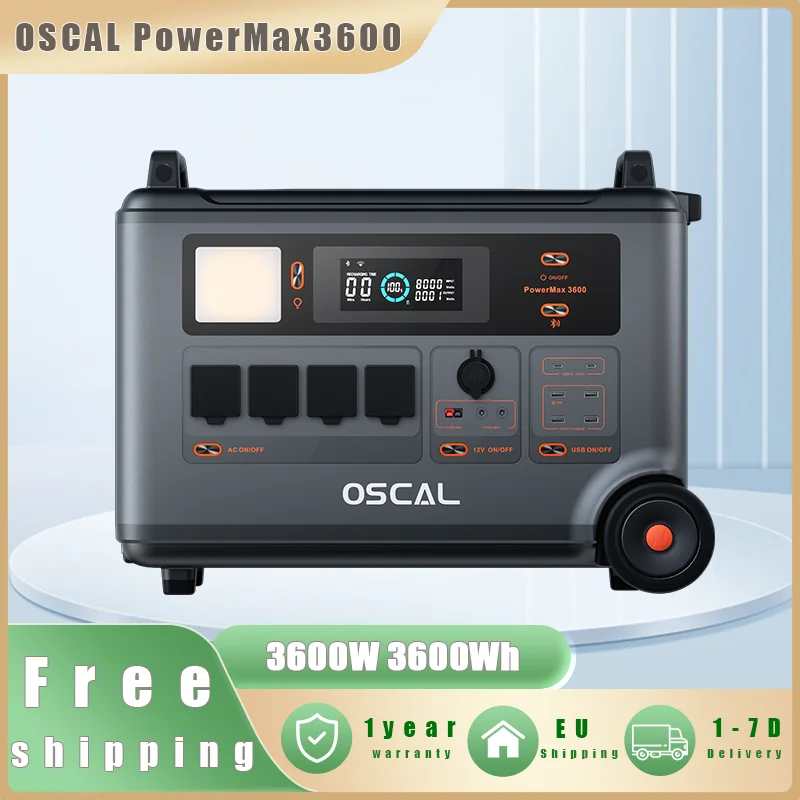 Oscal PowerMax 3600 Alimentatore portatile, batteria LiFePO4 da 3600 Wh, 14 prese, 5 modalità luce LED Alimentatore di emergenza esterno