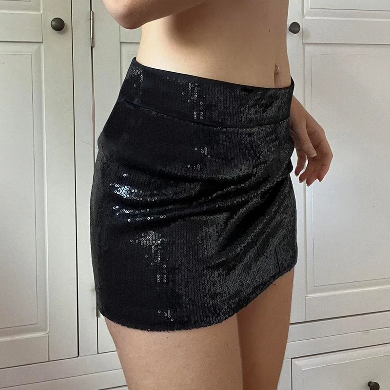 HOUZHOU Mini Sequin Skirt Women Y2K Sexy Low Waist Slim A-line Shiny Short Skirt with Paillettes High Street Evening Party Club