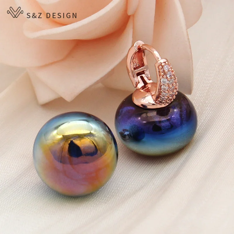 S&Z DESIGN New Fashion Colorful Beads Dangle Earrings For Women Wedding 585 Rose Gold Color Jewelry Cubic Zirconia Eardrop