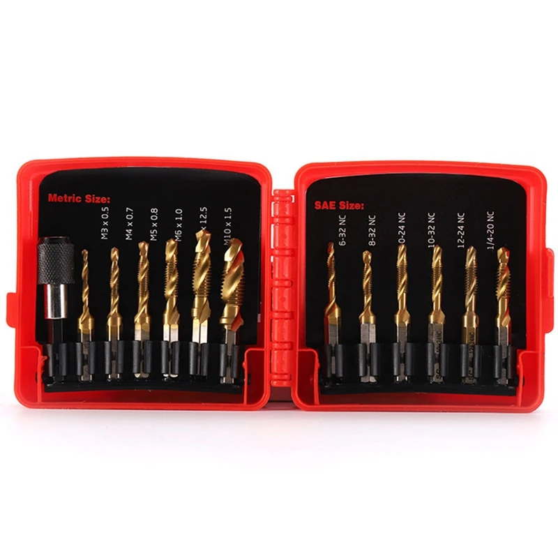 Titanium Combination Drill Tap Bit Set 13PCS SAE And Metric Tap Bits Kit For Screw Thread Drilling Tapping Deburring