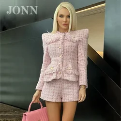 JONN 2024 High Quality Autumn New Tweed 2 Piece Set Sexy O-Neck Long Sleeve Single Breasted Jacket Pants Club Party Set