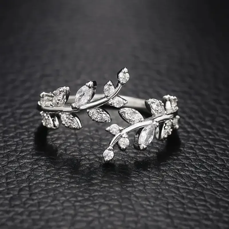 Fancy Leaf Design Adjustable Opening Rings for Women Sparkling Cubic Zirconia Olive Ring Party Daily Wear Fashion Jewelry