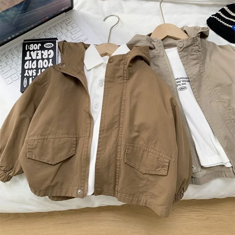 

Children's Hooded Jacket Spring and Autumn Trench Coat 2025 New Children's Cotton Solid Color Casual Top