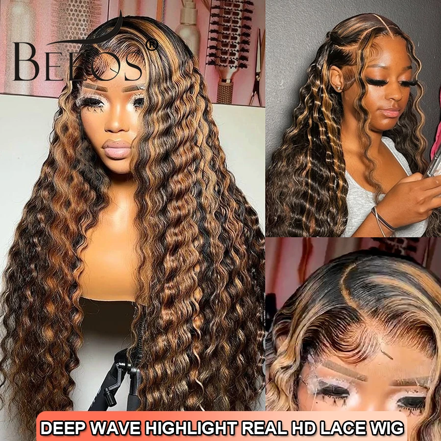 34inch Deep Wave Highlight Wigs 250% 13x6 Real HD Lace Frontal Human Hair Wig Skinlike HD Lace Deep Part Colored Wigs For Women