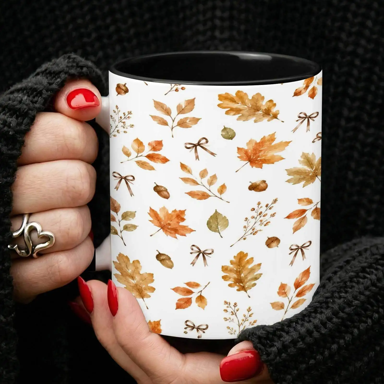 1pc, Watercolor Autumn Maple Leaf And Acorn Pattern, 11 Oz Colored Ceramic Mug, Elegant Fall Botanical Print, Suitable for Office And Home, Thanksgiving Gift, Tumbler, Local Warehouse, Gifts for Men And Women, Friends