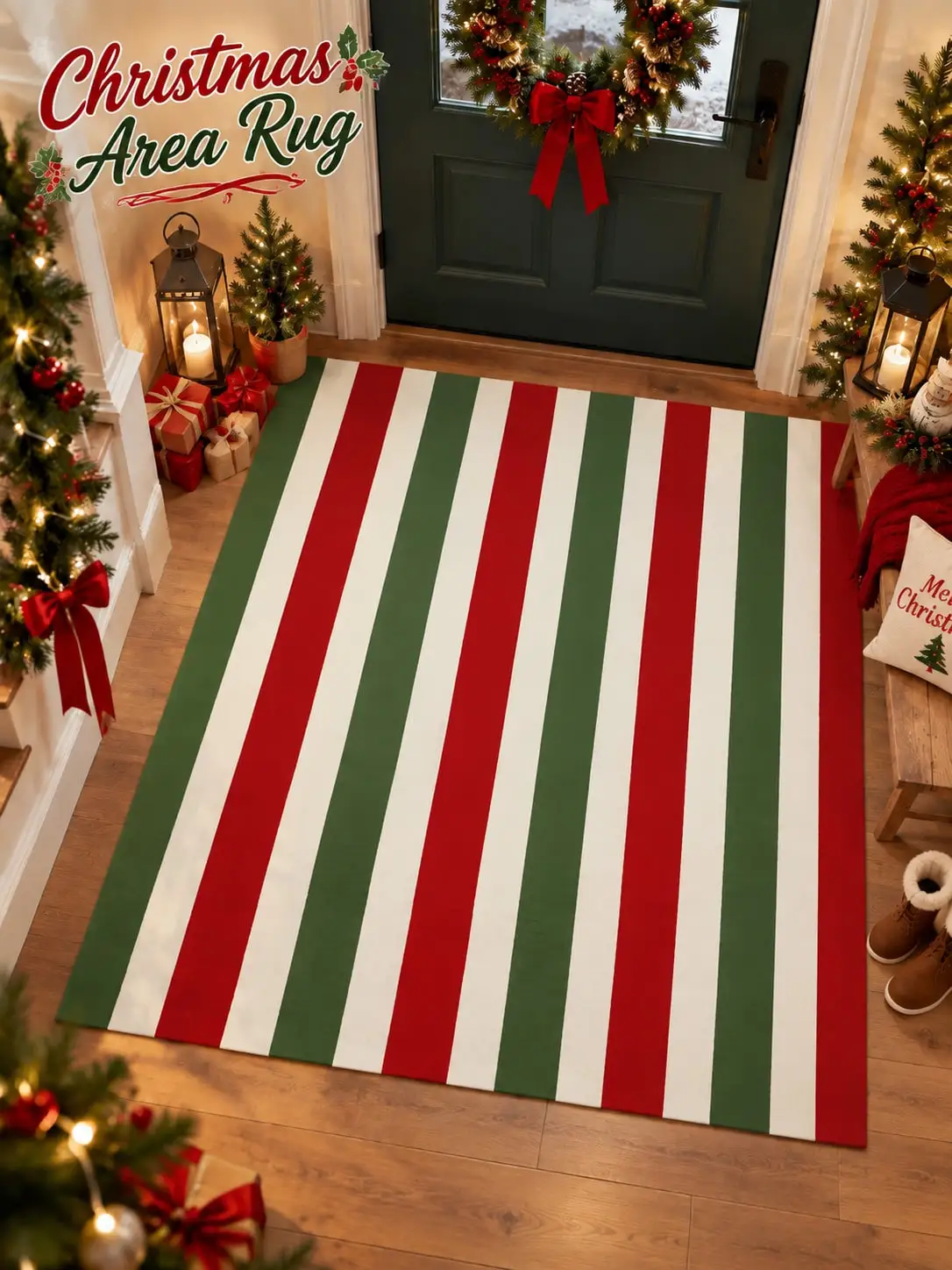 Christmas Rug Stripe Living Room Bedroom Lounge Hallway Floor Carpet Gift for Mom Dad Sisters Friends Halloween Thanksgiving Birthday Anniversary Housewarming Apartment Cabin Farmhouse Home Styling Sofa Side Reading Nook Holiday Party Hosting