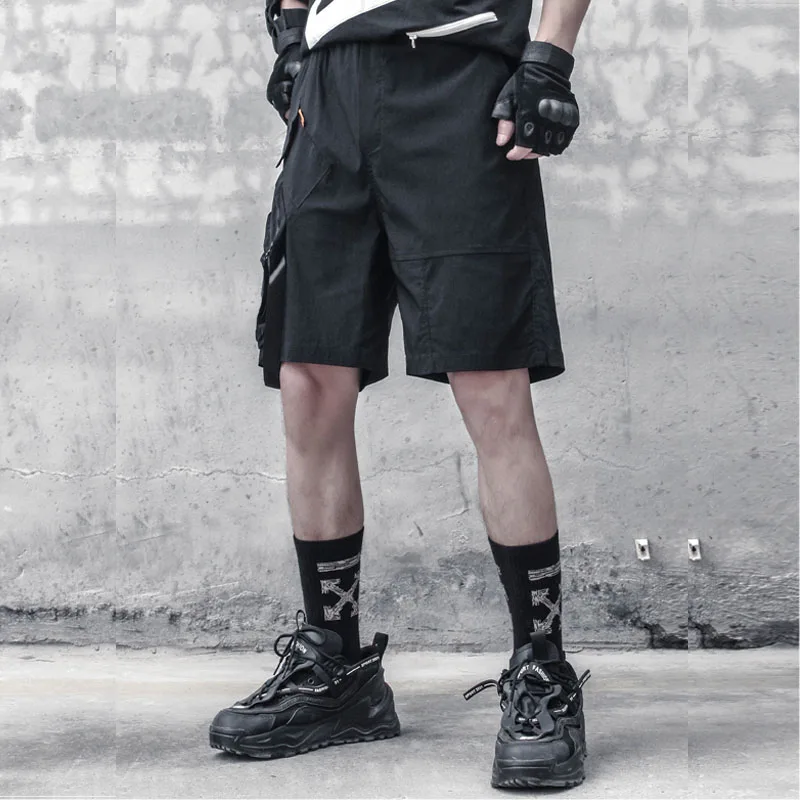 Summer New Men's Multi Pocket Work Shorts: Fashionable Dark Series Loose Ribbon Design Functional Casual Pants