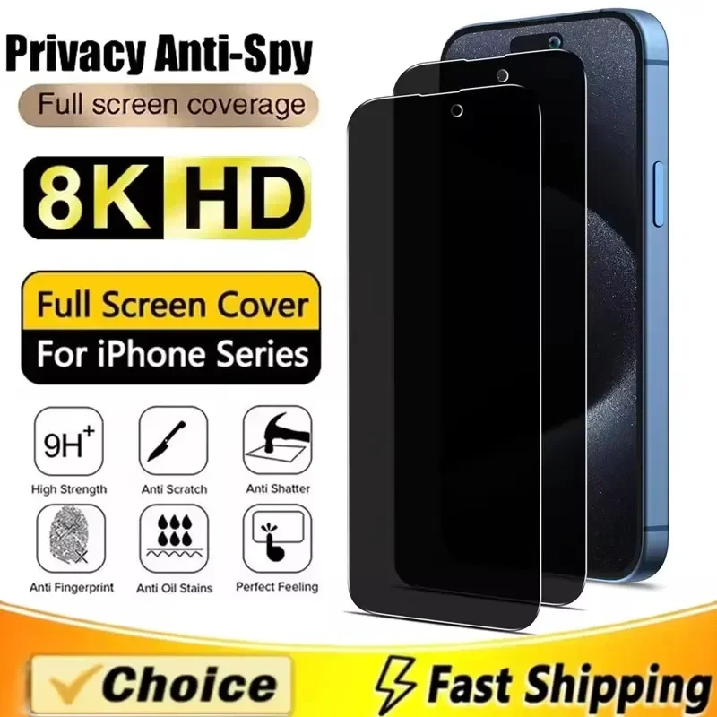 2 piezas protector de pantalla de privacidad de cobertura completa para iPhone 15 11 12 13 14 Pro Max Mini, vidrio anti-espía para iPhone 16 XR X XS MAX 7 Plus