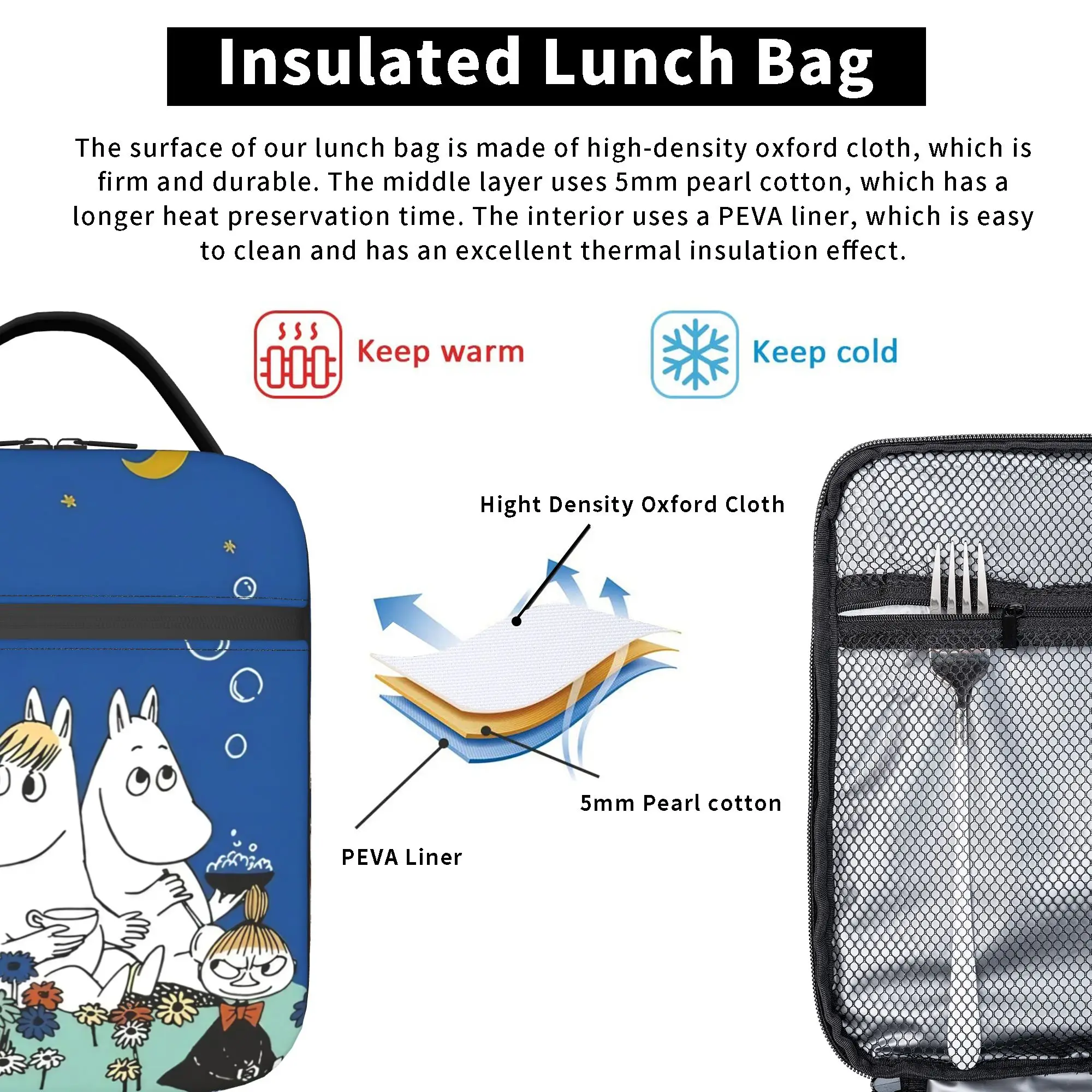 The MOOMINS Night Insulated Lunch Bags Cooler Bag Reusable,Lunch Container  Portable Tote Lunch Box Food Handbags Beach  Outdoor view 4