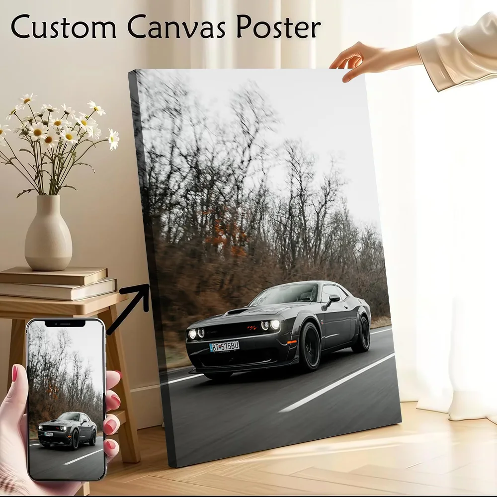 Gray Sports Car Challenger on the Road Canvas Poster Customizable Pictures Wall Art Canvas Painting for Decorative Picture Arts