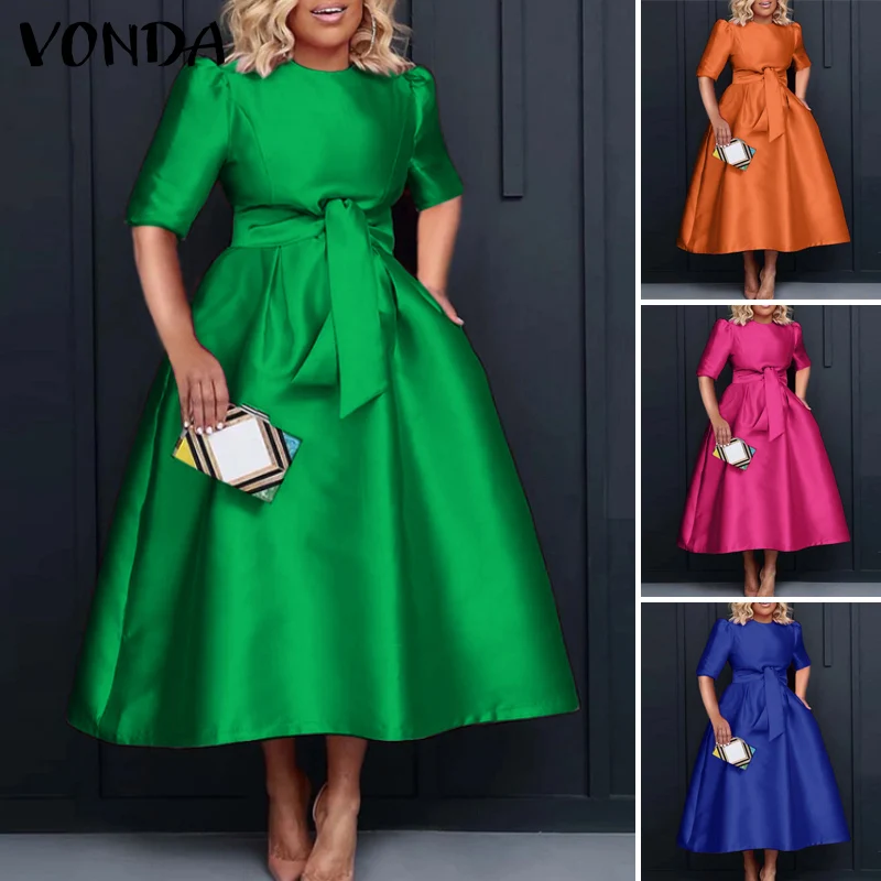 VONDA Plus Size 5XL Elegant Satin Summer Midi Dress Women Short Sleeve Fashion Party Vestido Casual Belted Loose Solid Long Robe