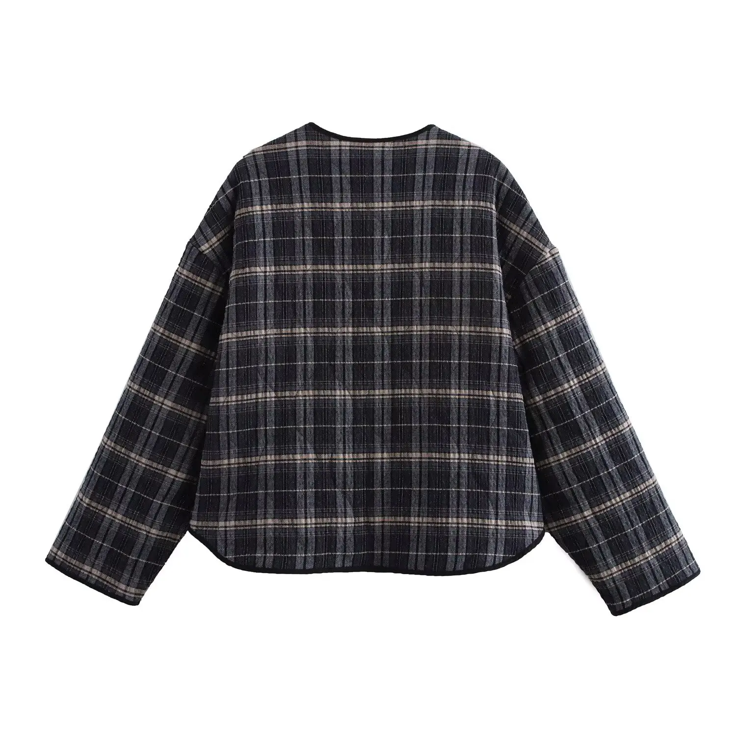 

ZAB Autumn New Women's Faion Plaid Cotton Jaet Coat round Ne Polyester Fiber ort Outerwear Versatile Sle