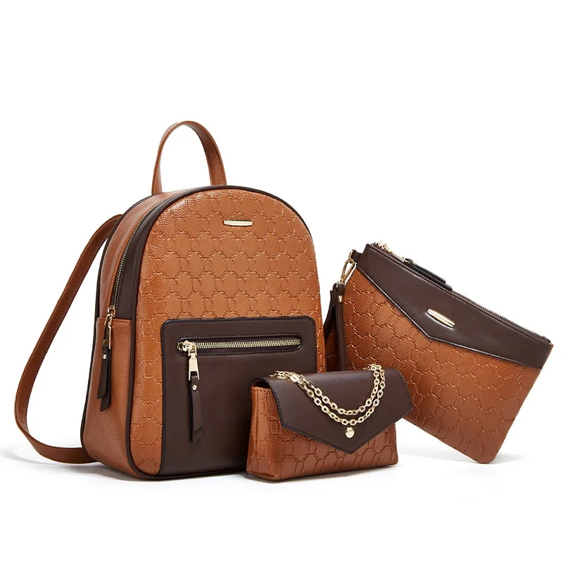 Women Backpack 3Pcs Set 2026 Fashion Embossed PU Leather Shoulder Bag Crossbody Clutch Casual Travel School Bag